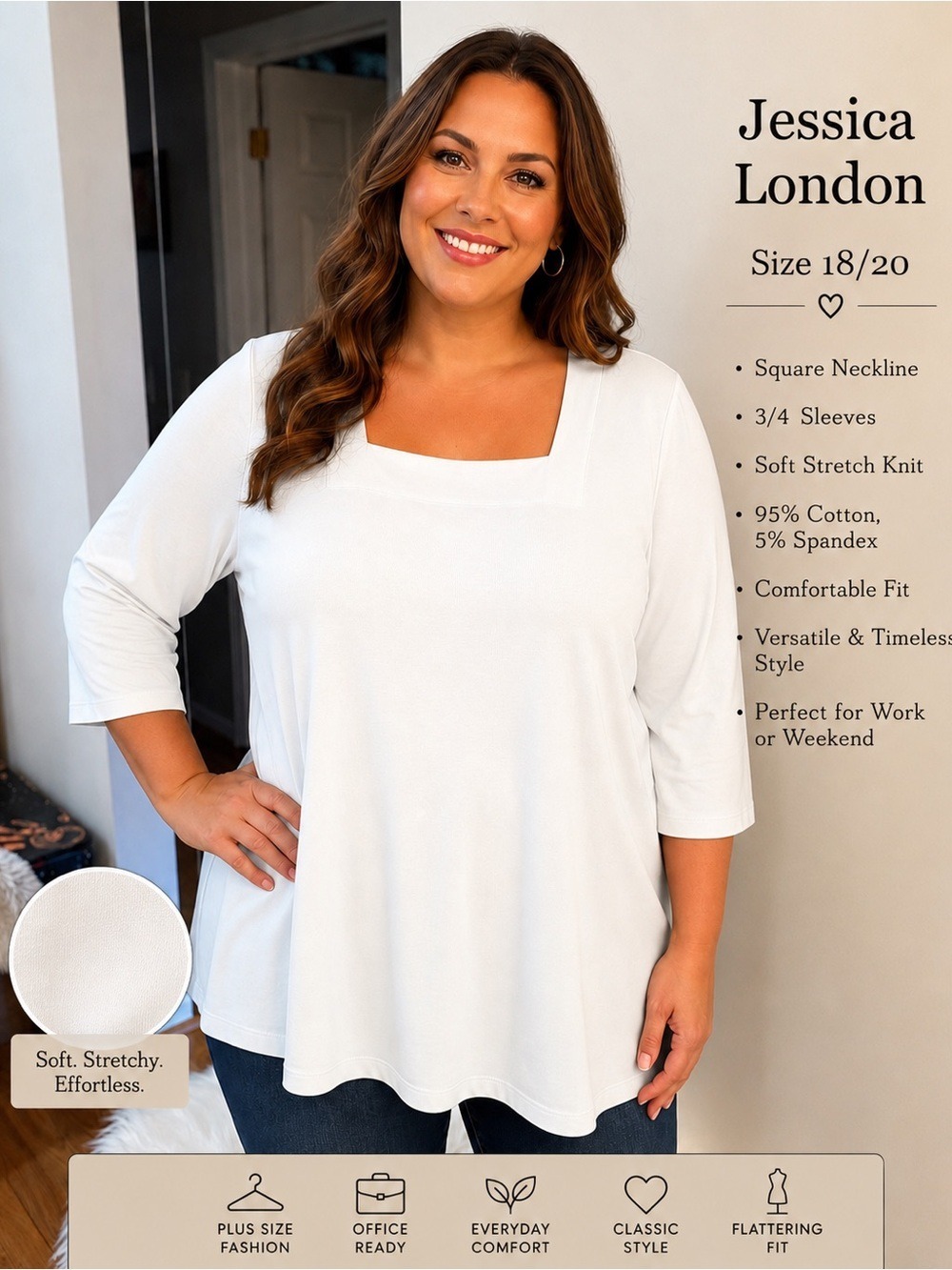 #2 Jessica London Square Neck Top | Women’s Size 18/20 White | 3/4 Sleeve